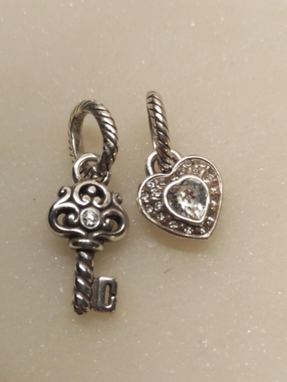 Brighton Two Charms! Crystal Heart And Scroll Key With Crystal